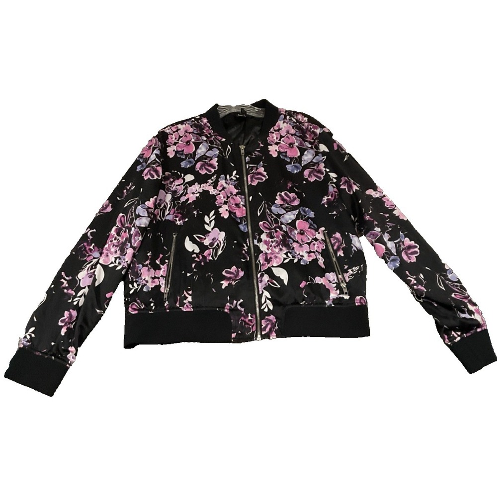 A.N.A. Black Pink Floral Zip Front Lined Bomber Style Jacket Satin Fee Sz XL
